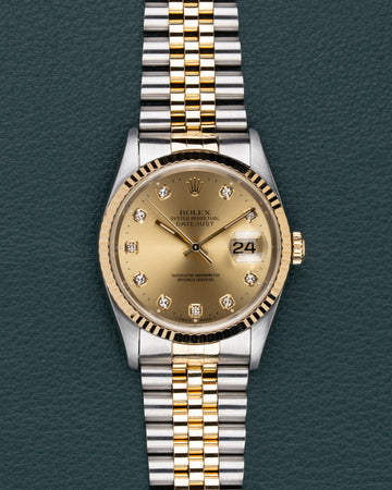 Champagne Big Diamond Rolex Datejust 16233 from 1995 Full Set