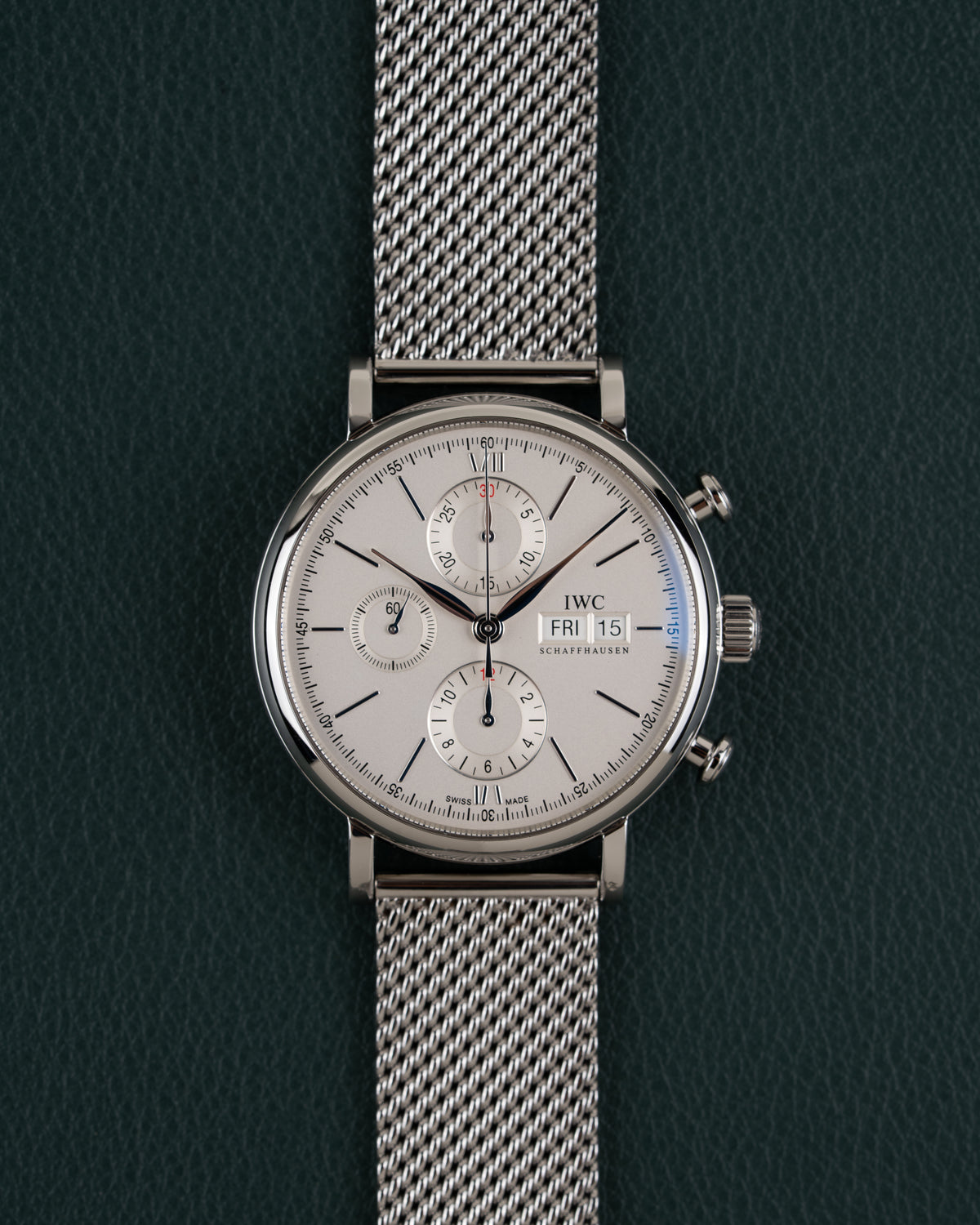 IWC Portofino Chronograph IW391009 - volledig horloge recht van boven met Milanese meshband