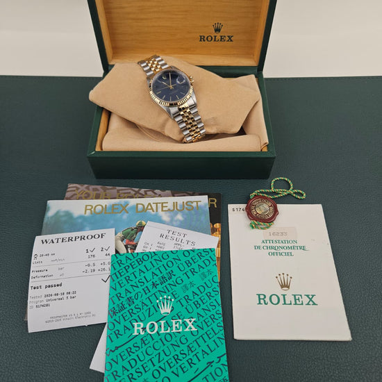 Rolex Datejust 16233 Blue Dial - horloge in Rolex doos met boekjes, chronometerattest en garantiepapieren