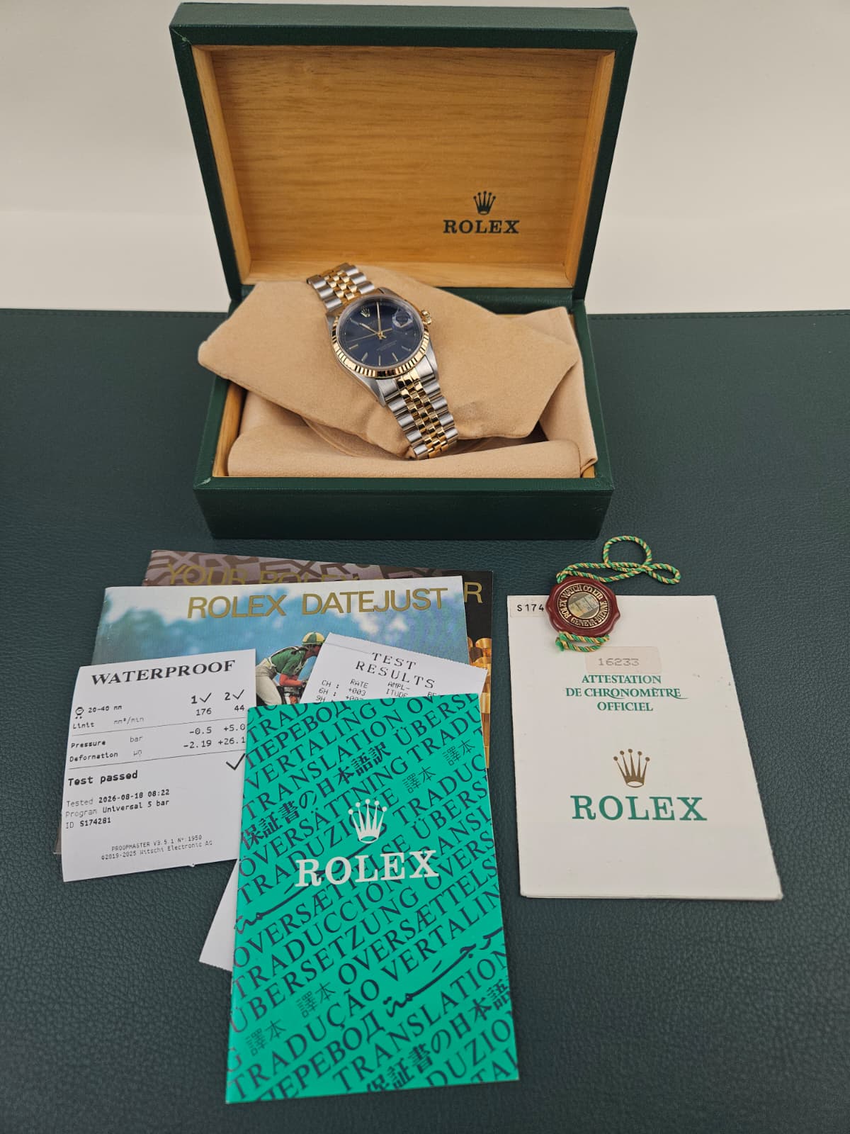 Rolex Datejust 16233 Blue Dial - horloge in Rolex doos met boekjes, chronometerattest en garantiepapieren