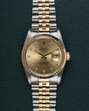 Rolex Datejust 16233 Champagne Diamond Dial - frontaal aanzicht met diamanten uurmarkeringen en Jubilee band