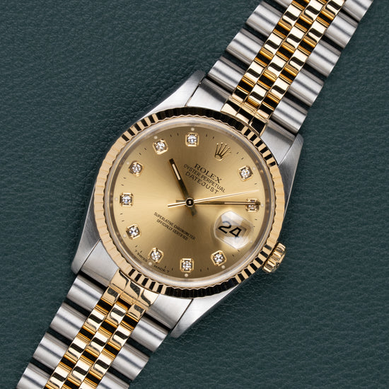 Rolex Datejust 16233 Champagne Diamond Dial - diagonaal aanzicht met kroon en champagnekleurige diamanten wijzerplaat