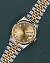Rolex Datejust 16233 Champagne Diamond Dial - diagonaal aanzicht met kroon en champagnekleurige diamanten wijzerplaat