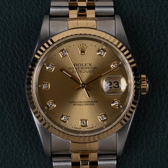 Rolex Datejust 16233 Champagne Diamond Dial - frontaal close-up van wijzerplaat met kroon rechts