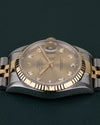 Rolex Datejust 16233 Champagne Diamond Dial - zijaanzicht van de kast met kroon verborgen aan andere zijde