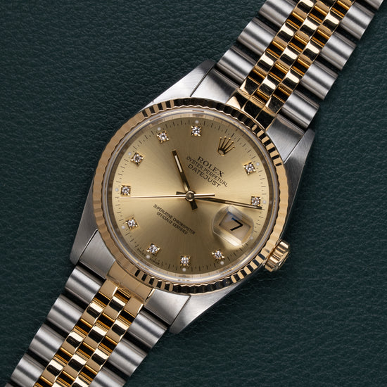 Rolex Datejust 16233 Champagne Diamond Dial - diagonaal aanzicht met kroon op 3 uur en diamanten wijzerplaat