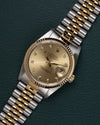 Rolex Datejust 16233 Champagne Diamond Dial - diagonaal aanzicht met kroon op 3 uur en diamanten wijzerplaat